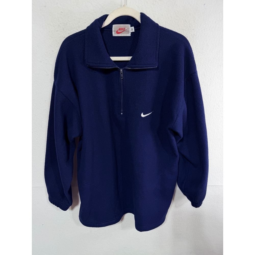 Nike Fleece Pullover Quarter Zip Vintage 90s Swoosh Made in USA Medium Navy Blue